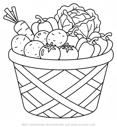 Gemüsekorb Ausmalbild mit Karotten, Paprika, Kartoffeln, Tomaten und Kohl
