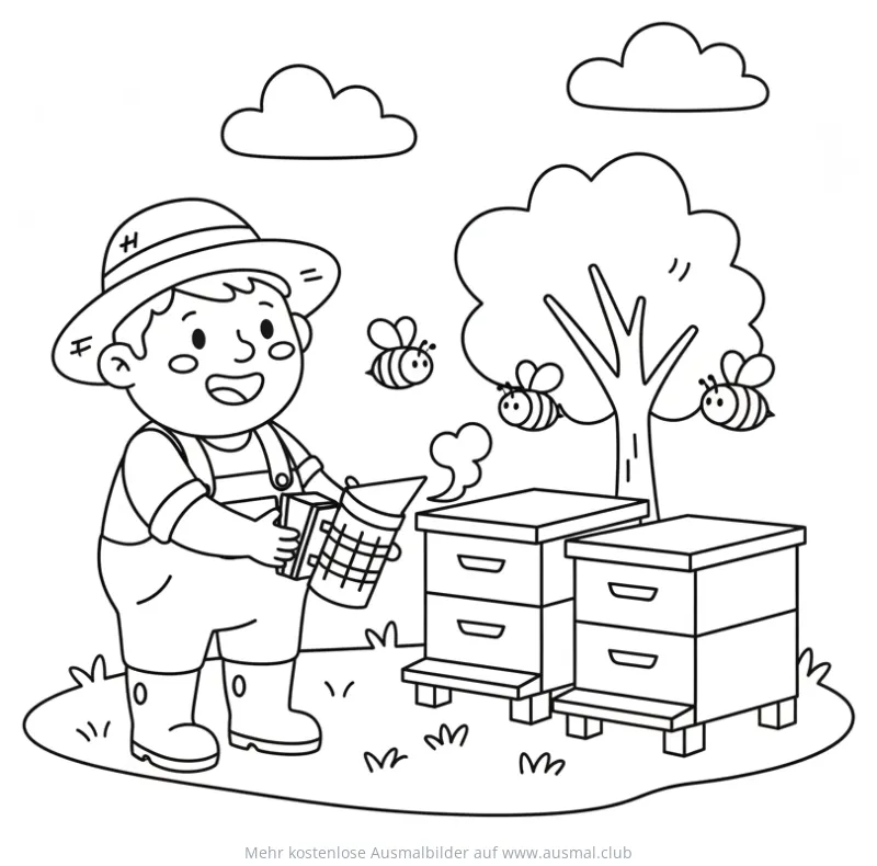 Bauer mit Bienenraucher und Bienenkörben Ausmalbild