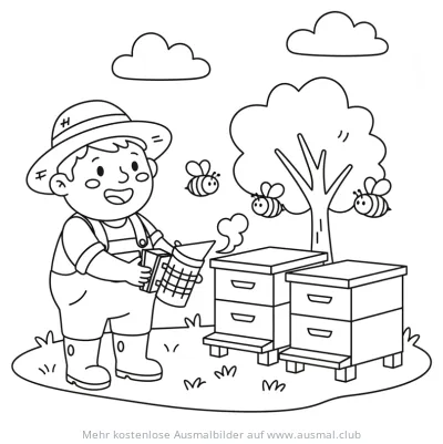 Bauer mit Bienenraucher und Bienenkörben Ausmalbild