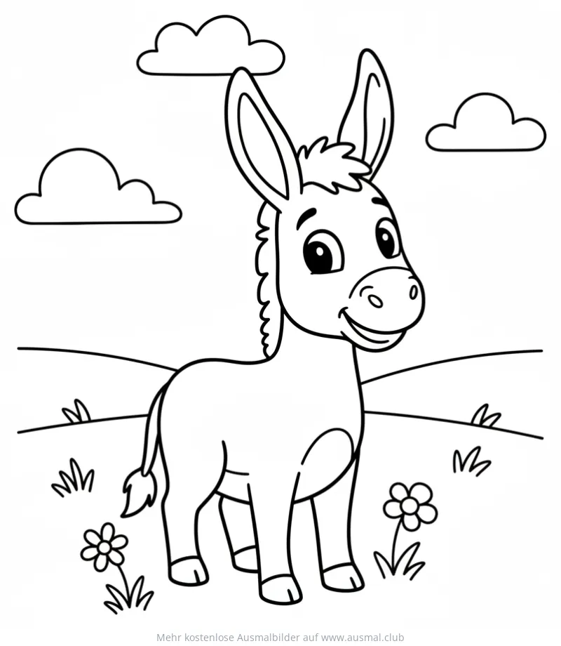 Freundlicher Esel auf Wiese Ausmalbild