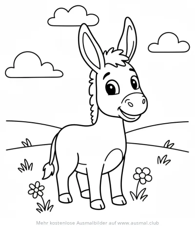 Freundlicher Esel auf Wiese Ausmalbild