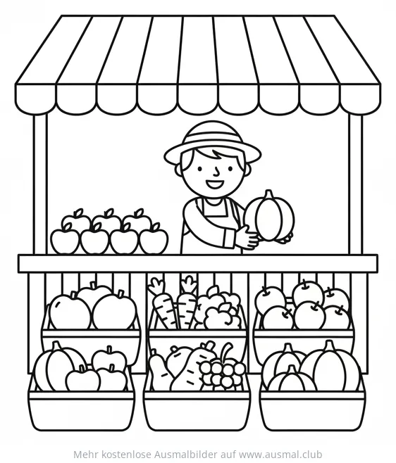 Bauer am Marktstand mit Obst und Gemüse Ausmalbild