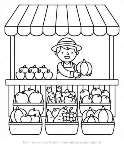 Bauer am Marktstand mit Obst und Gemüse Ausmalbild