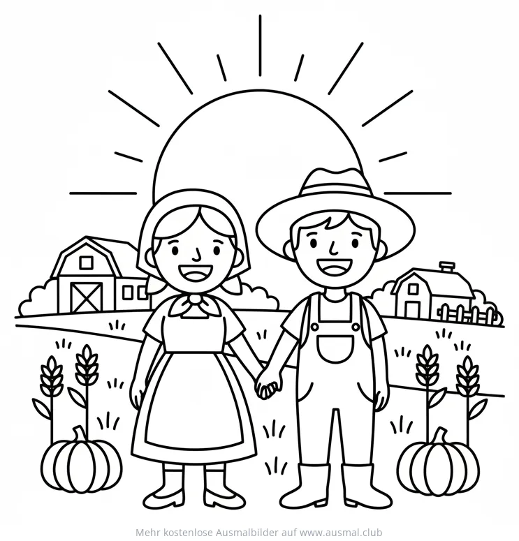 Bauernpaar mit Scheune und Sonne Ausmalbild