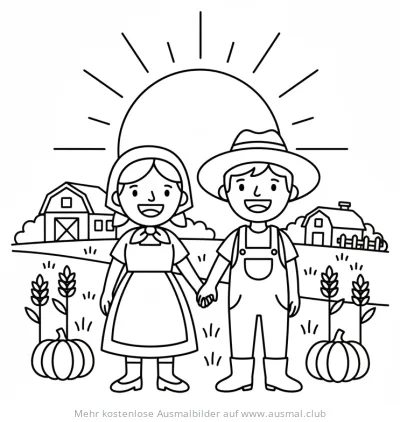 Bauernpaar mit Scheune und Sonne Ausmalbild
