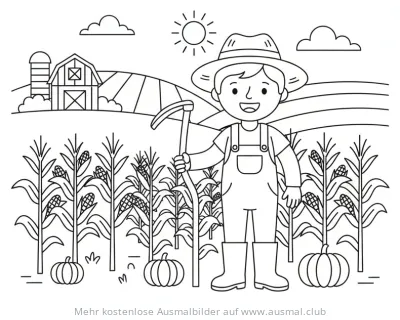 Bauer mit Sense im Maisfeld Ausmalbild