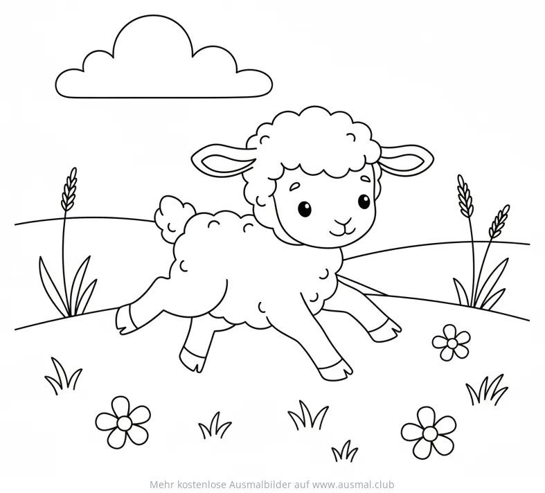Lämmchen hüpft auf Wiese Ausmalbild