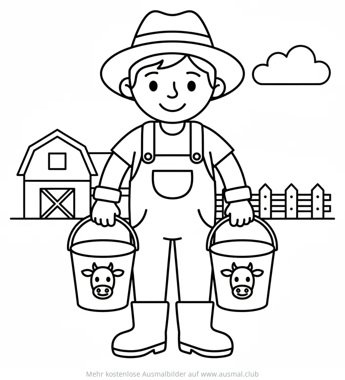Bauer mit zwei Milcheimern vor Bauernhof Ausmalbild