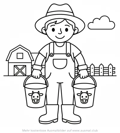 Bauer mit zwei Milcheimern vor Bauernhof Ausmalbild