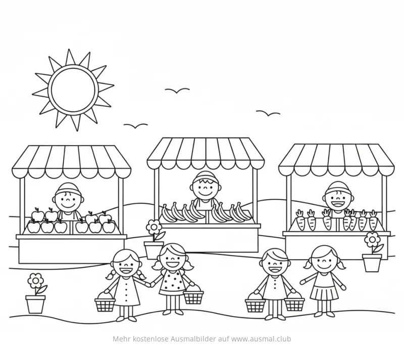 Bauernmarkt mit Ständen und Kindern Ausmalbild