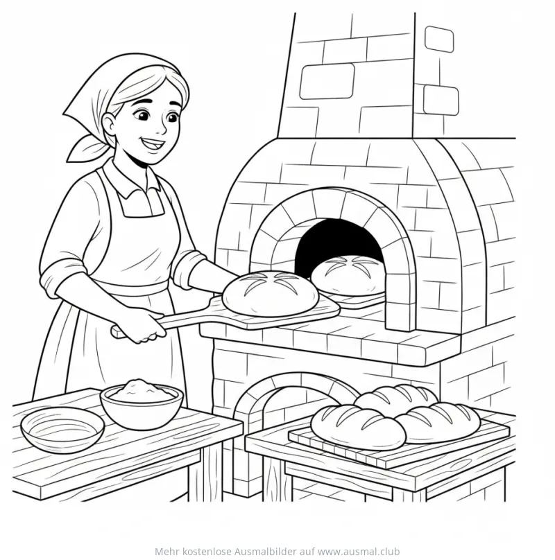 Bäuerin schiebt Brot in Steinofen Ausmalbild