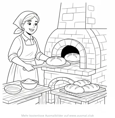 Bäuerin schiebt Brot in Steinofen Ausmalbild