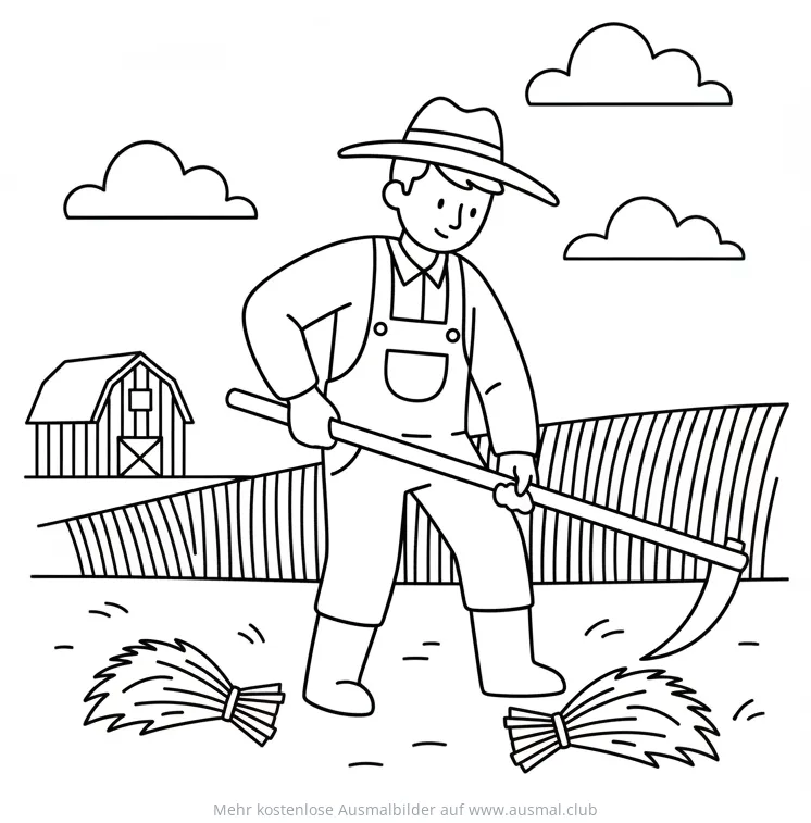 Bauer mäht Heu mit Sense Ausmalbild