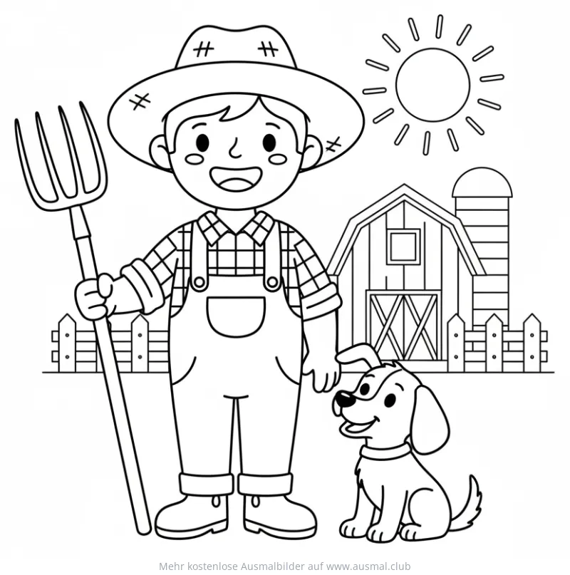 Bauer mit Mistgabel und Hund vor Scheune Ausmalbild