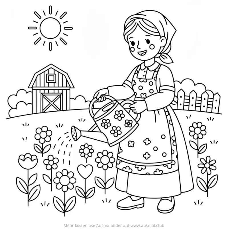 Bäuerin gießt Blumenfeld Ausmalbild