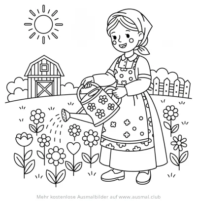 Bäuerin gießt Blumenfeld Ausmalbild