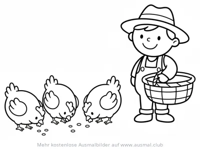 Bauer füttert Hühner Ausmalbild