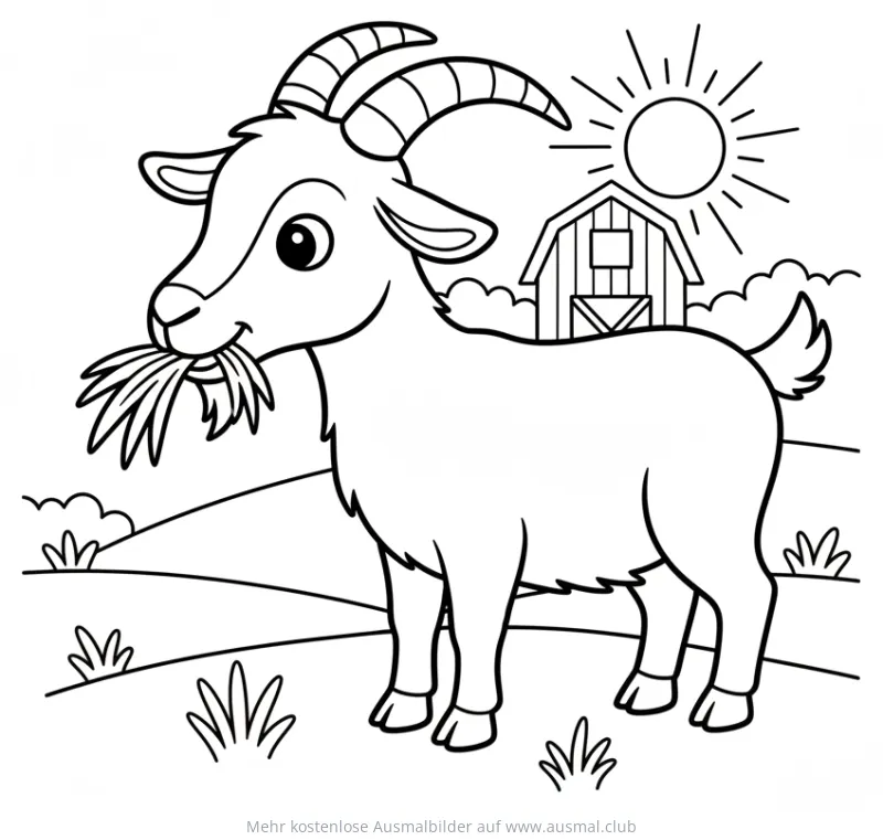 Freundliche Ziege frisst Gras vor einer Scheune Ausmalbild