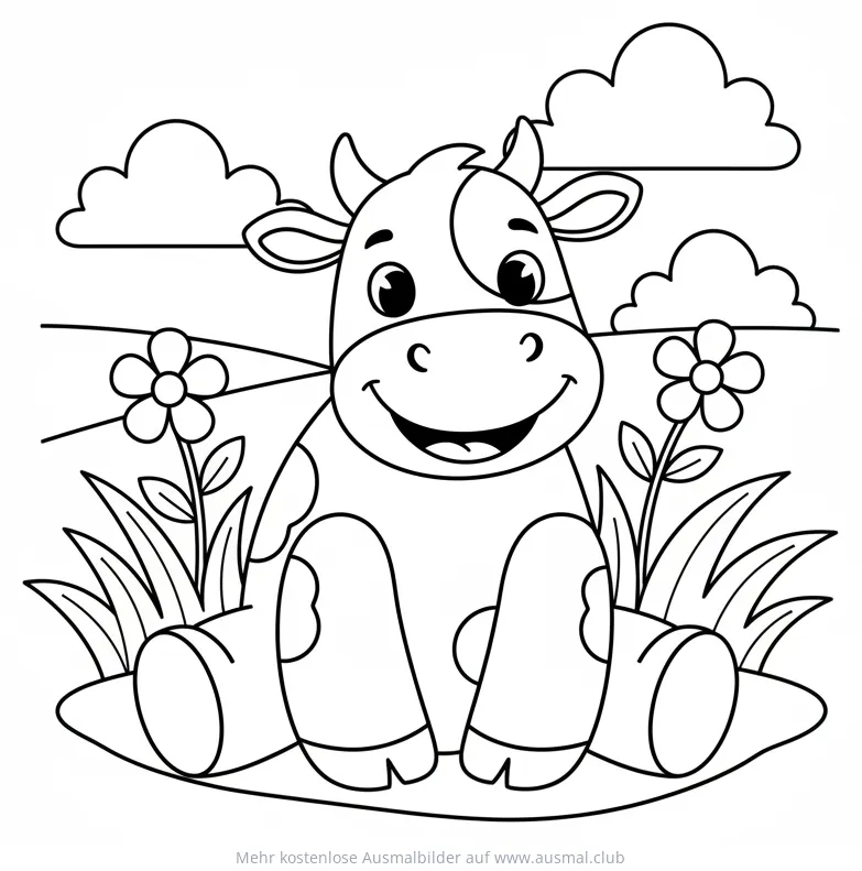 Niedliche Kuh sitzt auf Wiese Ausmalbild