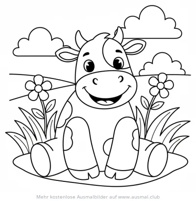 Niedliche Kuh sitzt auf Wiese Ausmalbild