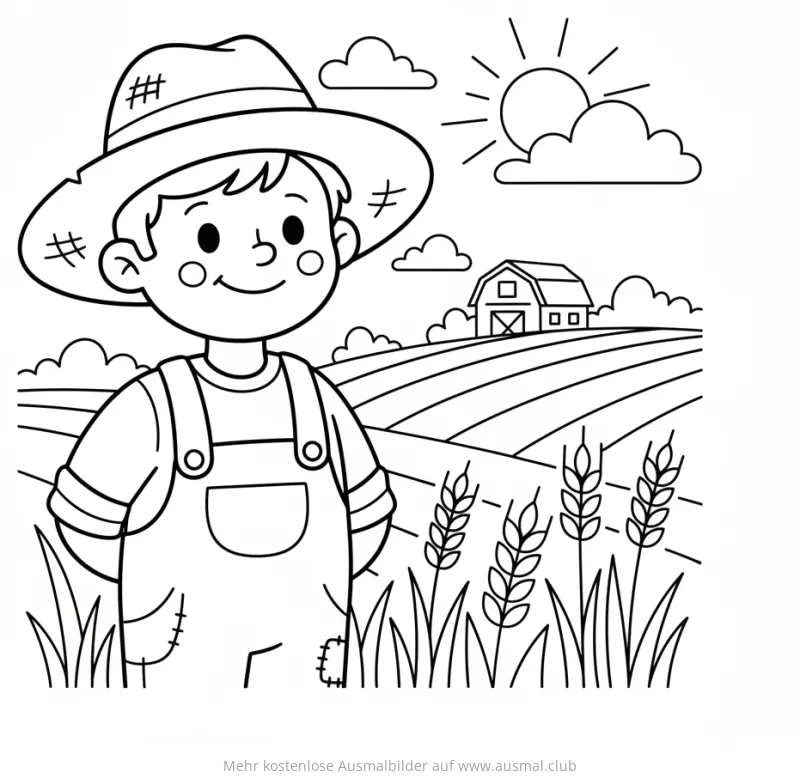 Bauer mit Hut vor Weizenfeld Ausmalbild