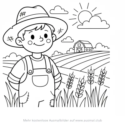 Bauer mit Hut vor Weizenfeld Ausmalbild