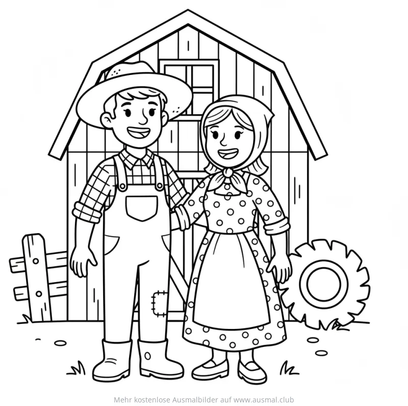 Bauer und Bäuerin vor Scheune Ausmalbild