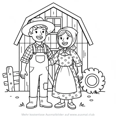 Bauer und Bäuerin vor Scheune Ausmalbild