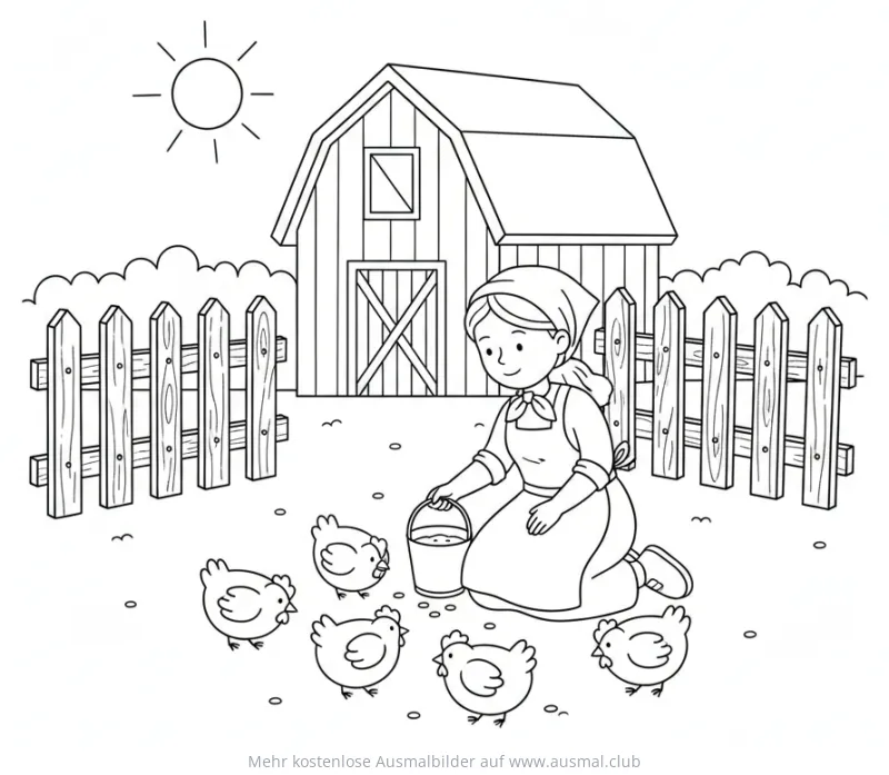 Bäuerin füttert Hühner vor Hühnerstall Ausmalbild