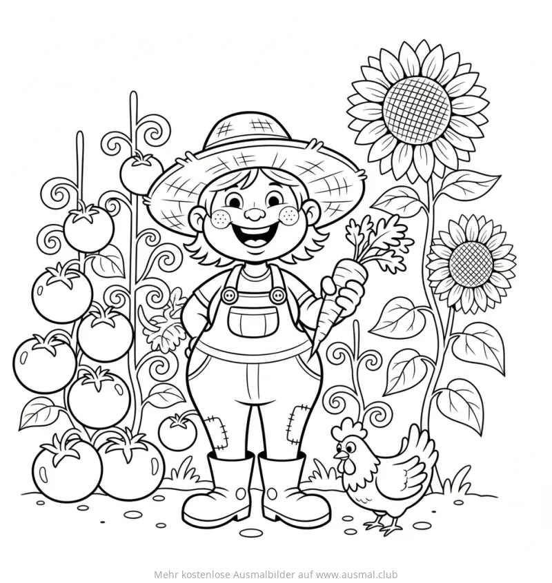 Bauer und Bäuerin mit Gemüsebeet und Huhn Ausmalbild