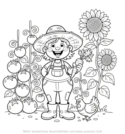 Bauer und Bäuerin mit Gemüsebeet und Huhn Ausmalbild