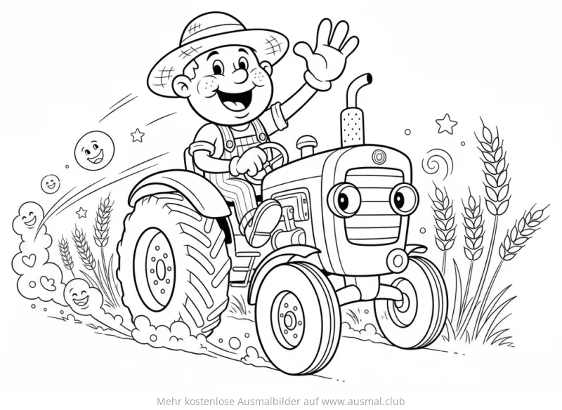 Freundlicher Bauer fährt Traktor Ausmalbild