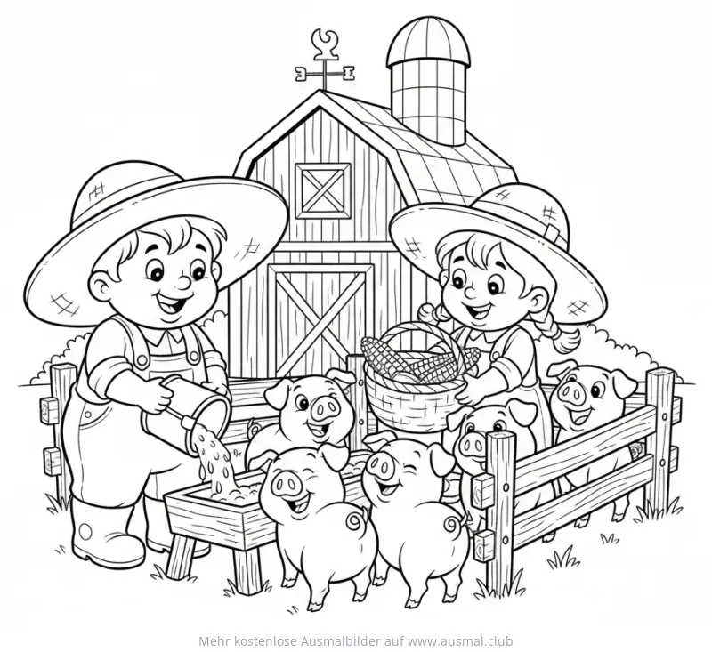 Bauer und Bäuerin füttern Schweine vor einer Scheune Ausmalbild