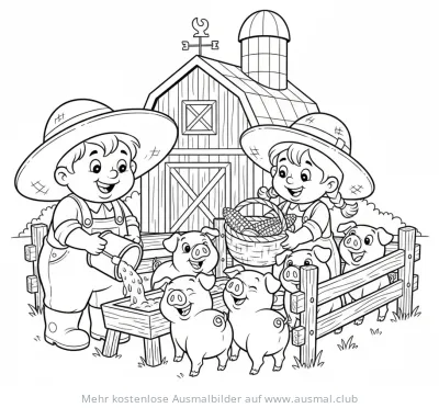 Bauer und Bäuerin füttern Schweine vor einer Scheune Ausmalbild