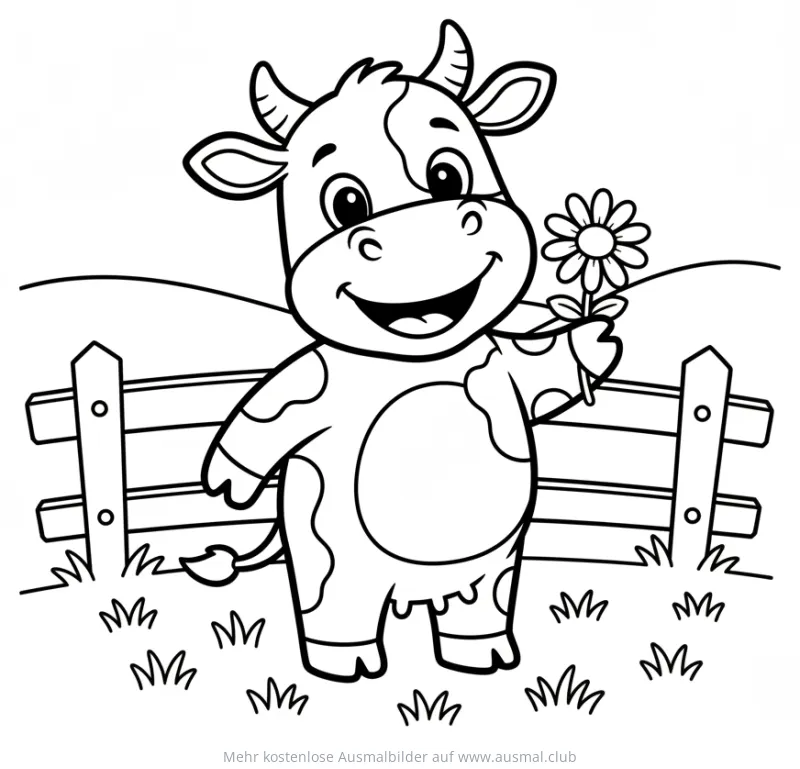 Niedliche Kuh mit Blume vor Zaun Ausmalbild
