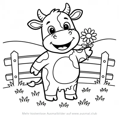 Niedliche Kuh mit Blume vor Zaun Ausmalbild