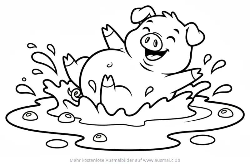 Fröhliches Schwein planscht im Wasser Ausmalbild
