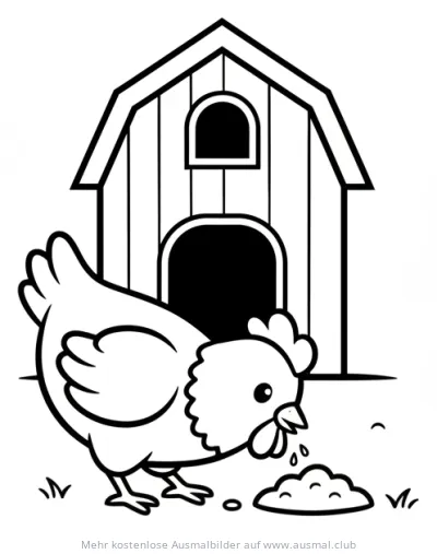 Huhn pickt Futter vor Hühnerstall Ausmalbild