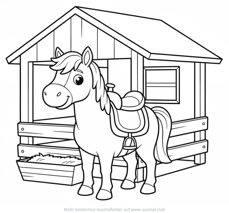 Pferd mit Sattel vor Stall Ausmalbild