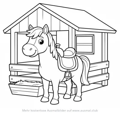 Pferd mit Sattel vor Stall Ausmalbild