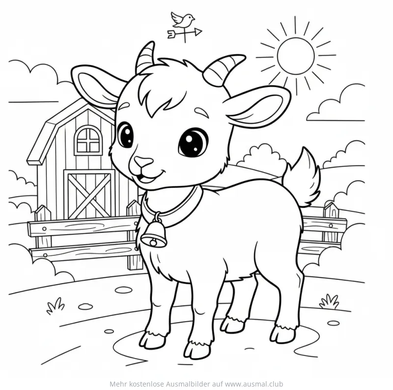 Niedliche Ziege mit Glocke vor Bauernhof Ausmalbild