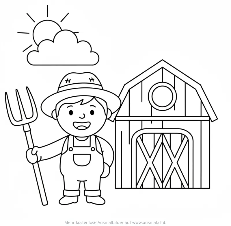 Freundlicher Bauer mit Mistgabel vor Scheune Ausmalbild