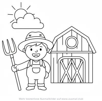 Freundlicher Bauer mit Mistgabel vor Scheune Ausmalbild
