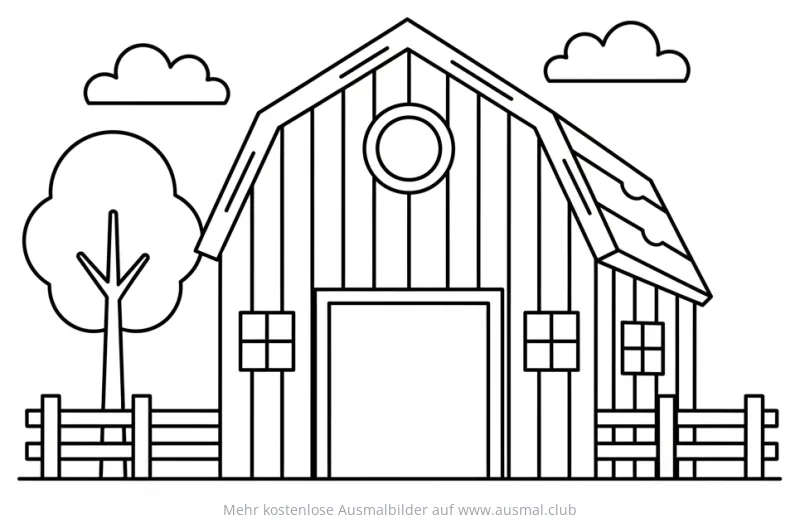 Scheune Ausmalbild mit Baum und Zaun