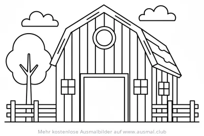 Scheune Ausmalbild mit Baum und Zaun