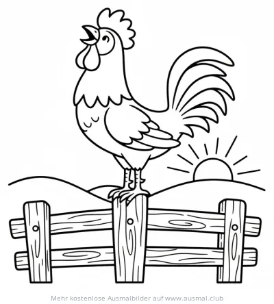 Hahn auf Zaun mit aufgehender Sonne Ausmalbild