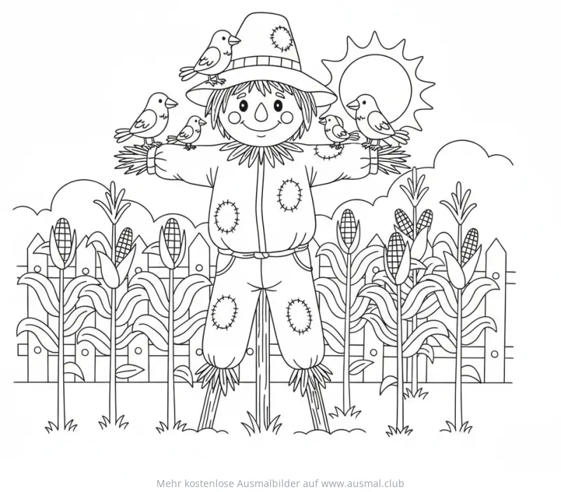 Vogelscheuche mit Vögeln und Maisfeld Ausmalbild
