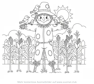 Vogelscheuche mit Vögeln und Maisfeld Ausmalbild