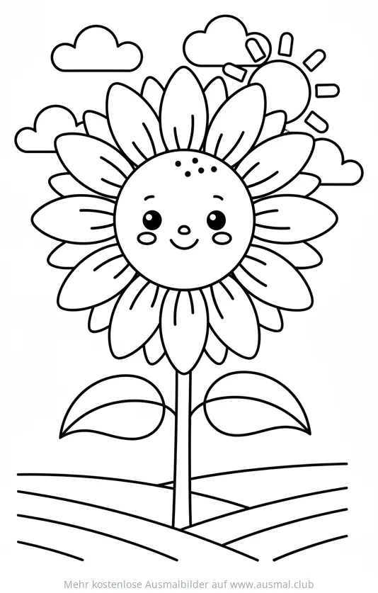 Sonnenblume Ausmalbild mit Gesicht, Sonne und Wolken