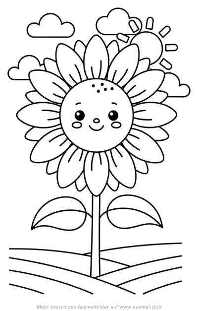Sonnenblume Ausmalbild mit Gesicht, Sonne und Wolken